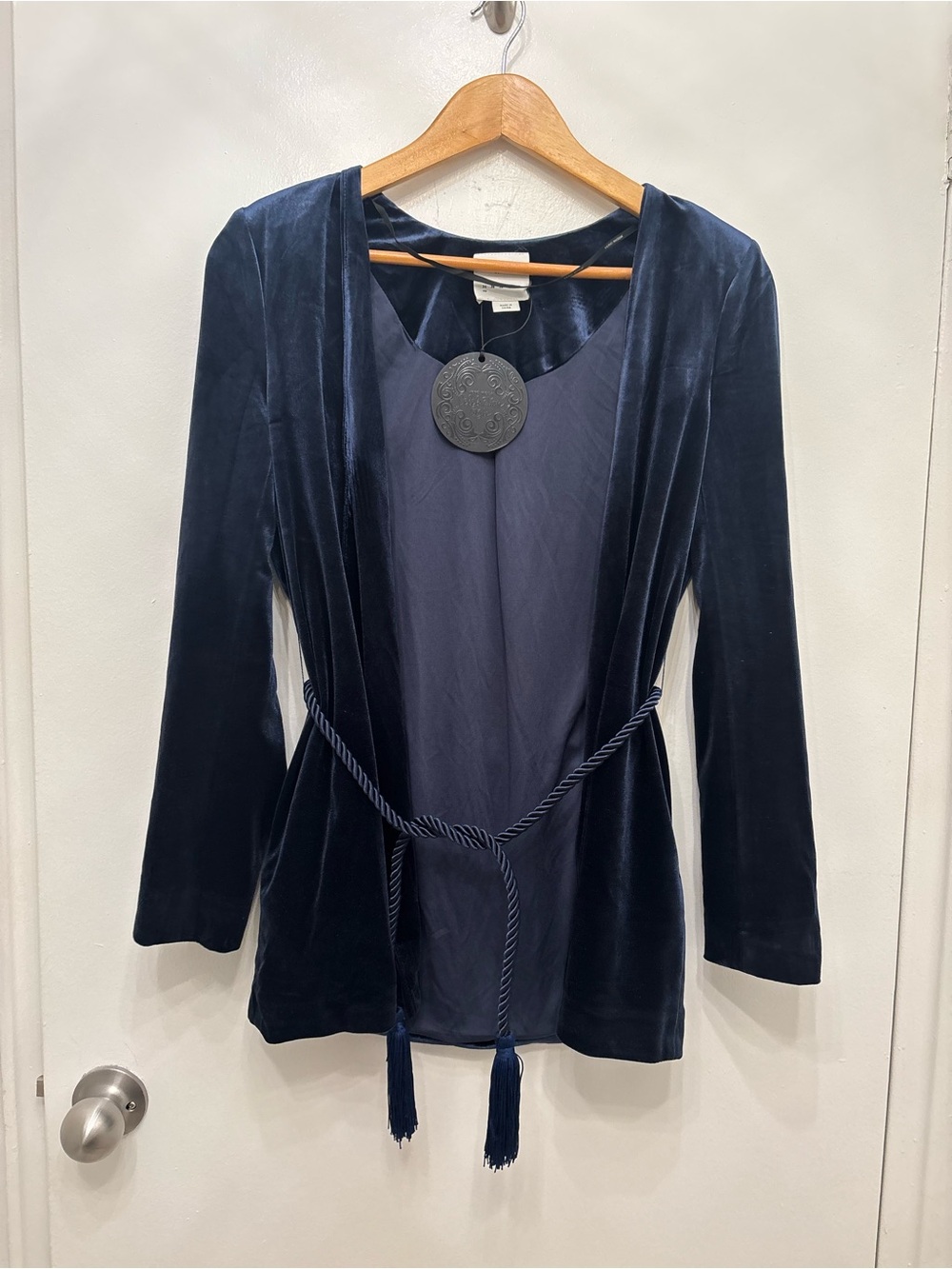 Vero Moda Navy Velvet Open-Front Robe with Tassel Rope
